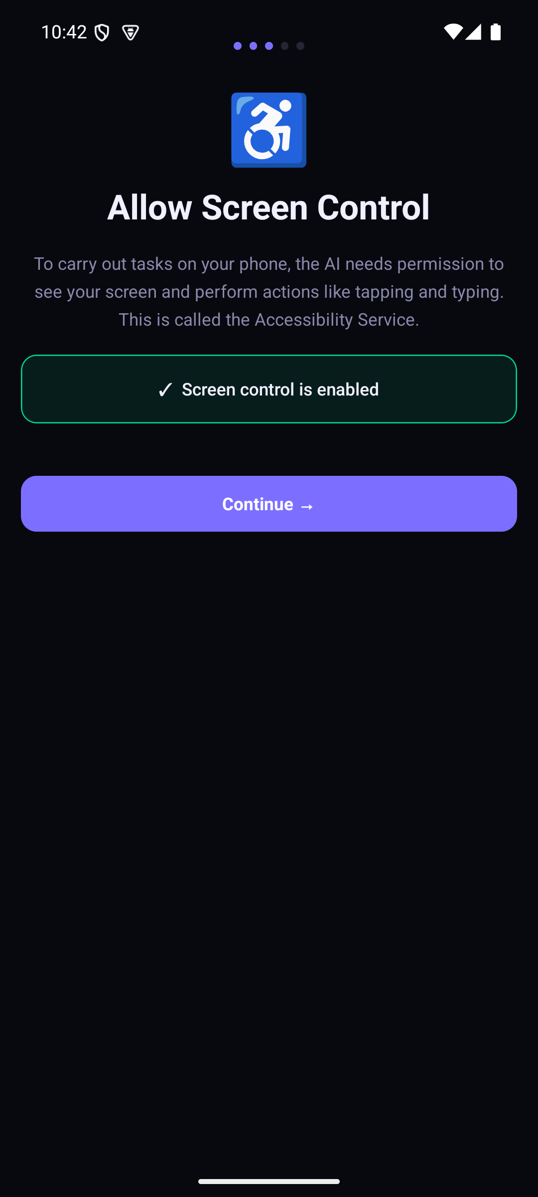 Allow Screen Control setup step — enabled with green checkmark