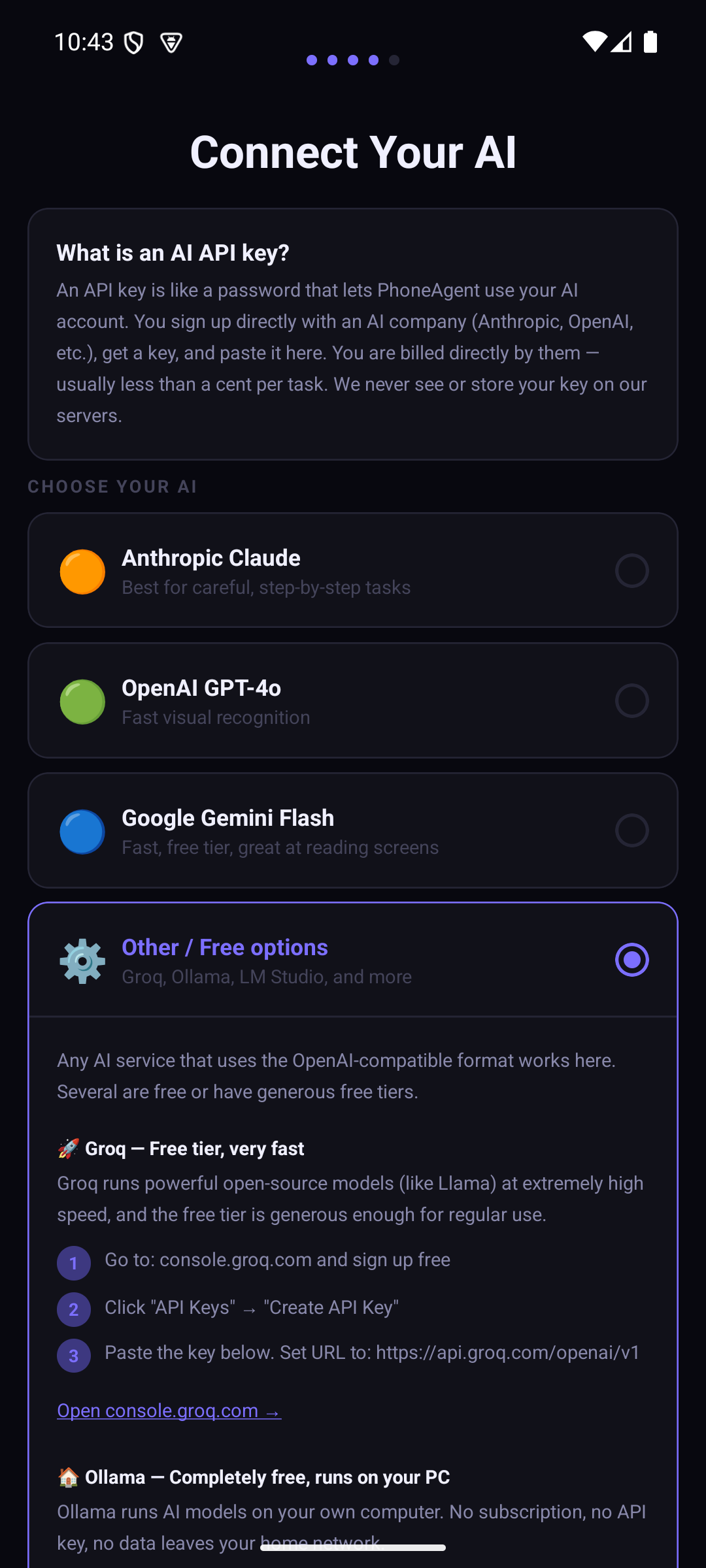 Connect Your AI — choose from Anthropic, OpenAI, Google Gemini, or free Groq