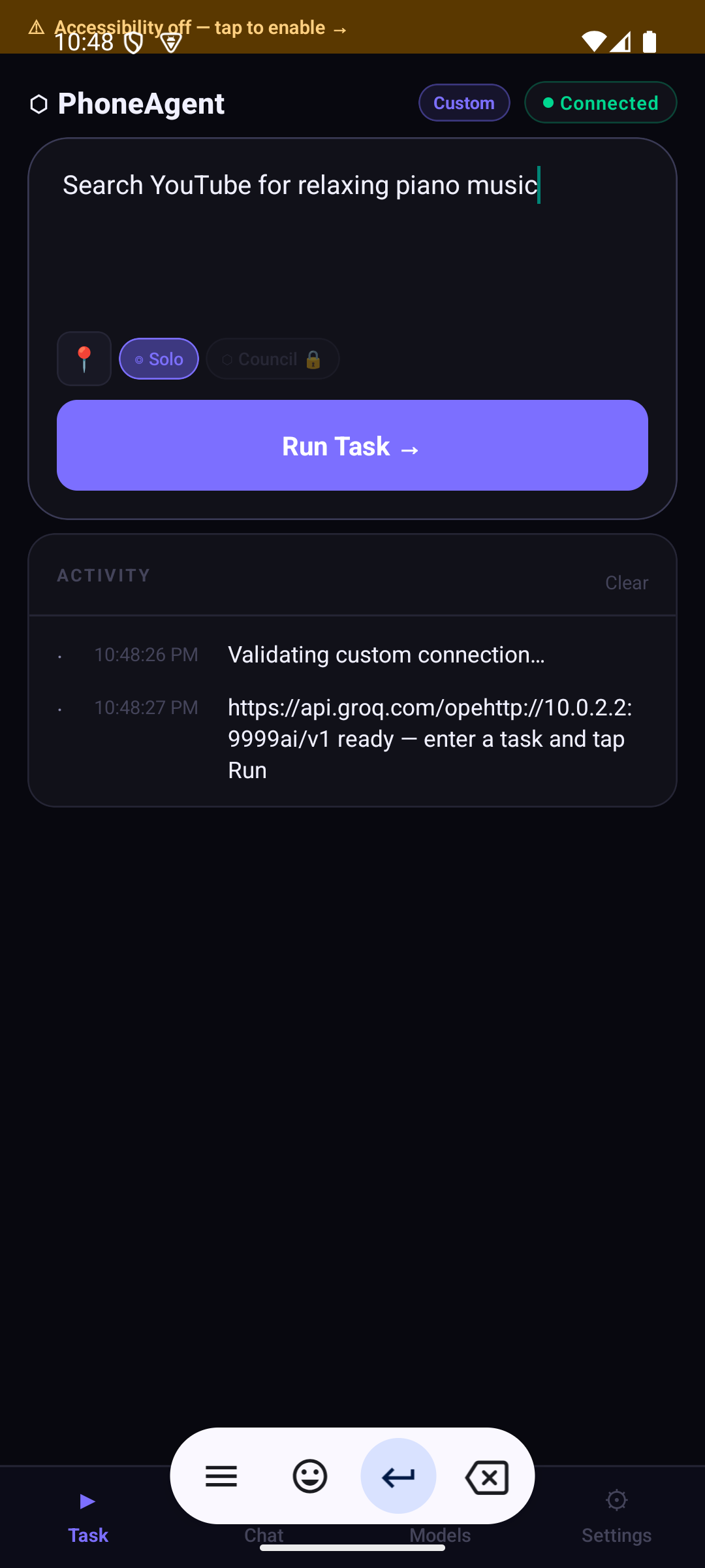 PhoneAgent task screen — 'Search YouTube for relaxing piano music' typed in