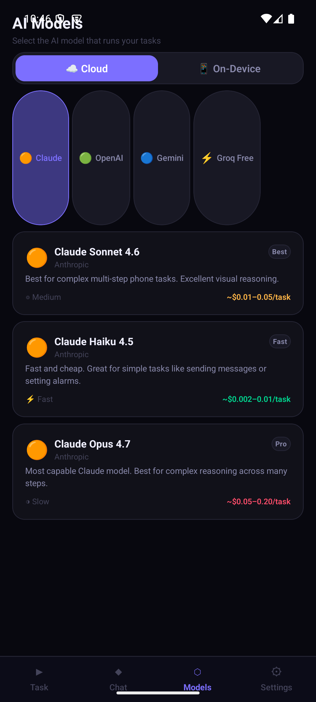 AI Models screen — Claude, OpenAI, Gemini, and Groq with pricing per task